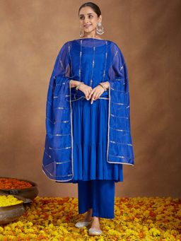 Janasya - Royal Blue Solid Anarkali Kurta with Pant and Embellished Dupatta