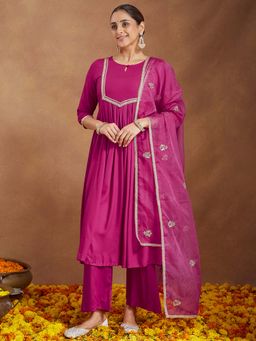 Janasya - Pink Rayon Yoke Design Anarkali Kurta with Palazzo and Dupatta