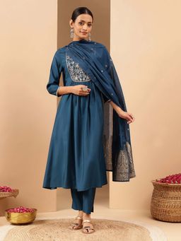 Janasya - Teal Floral Embroidered Anarkali Kurta with Pant and Dupatta