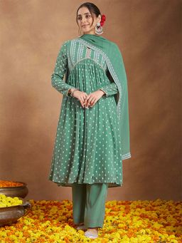Janasya - Sage Green Georgette Floral Printed Kurta with Pant and Dupatta