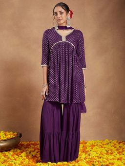 Janasya - Purple Rayon Foil Printed Kurti with Sharara and Dupatta
