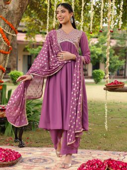 Janasya - Lavender Georgette Embellished A-Line Kurta with Palazzo and Dupatta