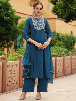 Janasya - Teal Georgette Embroidered Anarkali Kurta with Pant and Dupatta