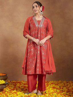 Janasya - Rust Silk Blend Embellished Printed A-Line Kurta with Pant and Dupatta