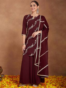 Janasya - Maroon Georgette Zari Embroidered Kurta with Sharara and Dupatta