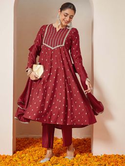 Janasya - Maroon Chanderi Silk Printed Anarkali Kurta with Pant and Dupatta