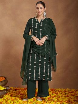 Janasya - Green Georgette Zari Embroidered Kurta with Pant and Dupatta