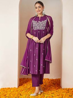 Janasya - Purple Silk Blend Embroidered Anarkali Kurta with Pant and Dupatta
