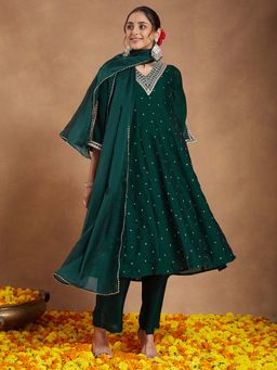 Janasya - Green Silk Blend Zari Embroidered Anarkali Kurta with Pant and Dupatta