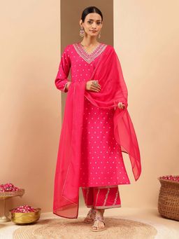 Janasya - Pink Chanderi Silk Embroidered Kurta with Palazzo and Dupatta
