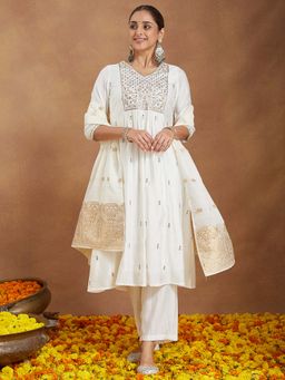 Janasya - Off White Embroidered Anarkali Kurta with Pant and Dupatta