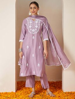 Janasya - Lavender Silk Blend Embroidered Straight Kurta with Pant and Dupatta