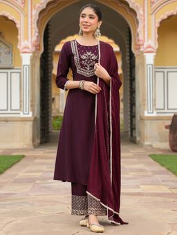 Janasya - Wine Embroidered Anarkali Kurta with Palazzo and Dupatta