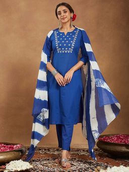 Janasya - Blue Yoke Embroidered Kurta with Pant and Printed Dupatta