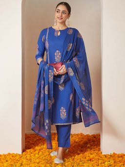 Janasya - Royal Blue Rayon Floral Printed Kurta with Pant and Dupatta