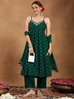 Janasya - Dark Green Embroidered Bandhani Anarkali Kurta with Pant and Dupatta
