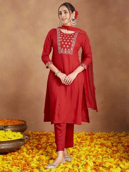 Janasya - Red Rayon Yoke Embroidered Kurta with Pant and Dupatta
