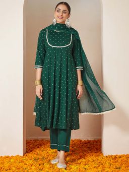 Janasya - Dark Green Printed Anarkali Kurta with Pant and Dupatta