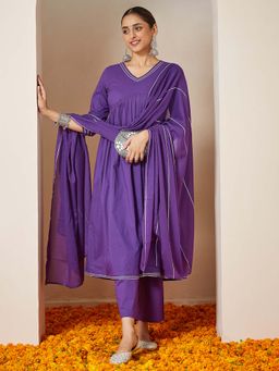 Janasya - Purple Cotton Embellished Anarkali Kurta with Pant and Dupatta