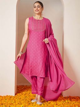 Janasya - Pink Rayon Foil Printed Kurta with Pant and Dupatta