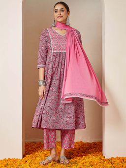 Janasya - Pink Floral Printed Anarkali Kurta with Pant and Dupatta