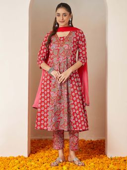 Janasya - Red Floral Printed Anarkali Kurta with Pant and Dupatta