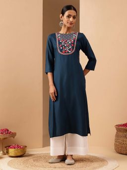 Janasya - Navy Blue Rayon Yoke Floral Embroidered Straight Kurta