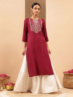 Janasya - Red Royan Yoke Embroidered Straight Kurta