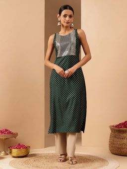 Janasya - Dark Green Silk Blend Embroidered Printed Straight Kurta