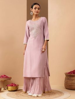 Janasya - Lavender Silk Blend Yoke Embroidered Straight Kurta