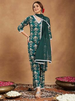 Janasya - Green Cotton Paisley Printed Kurta with Palazzo and Dupatta