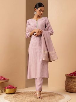 Janasya - Lavender Silk Blend Foil Printed Kurta with Pant and Dupatta