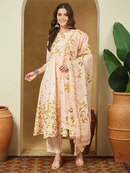 Janasya - Peach Floral Printed Anarkali Kurta with Pant and Dupatta