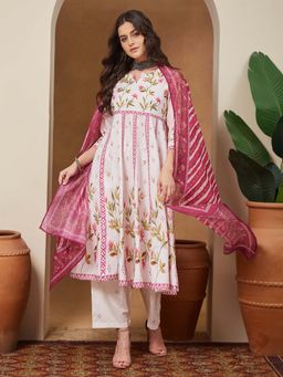Janasya - Pink Floral Printed Anarkali Kurta with Pant and Dupatta