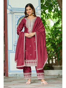 Autumnlane - Mulberry Red Embellished Kurta with Pant and Dupatta