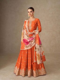 Autumnlane - Orange Embroidered Anarkali Kurta with Printed Dupatta