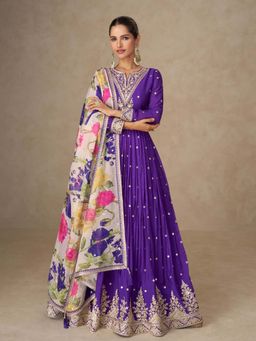 Autumnlane - Purple Embroidered Anarkali Kurta with Printed Dupatta