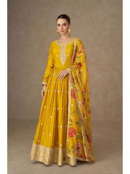 Autumnlane - Yellow Embroidered Anarkali Kurta with Printed Dupatta