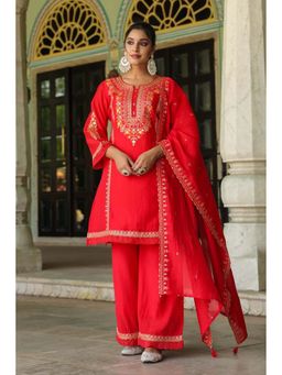 Autumnlane - Red Embroidered Kurta with Palazzo and Dupatta