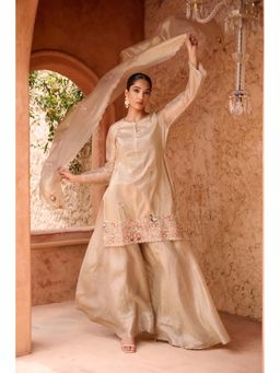 Autumnlane - Sangini Beige Floral Embroidered Kurta with Palazzo and Dupatta