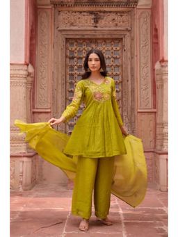 Autumnlane - Green Sangini Pear Embroidery Work Kurti with Palazzo and Dupatta