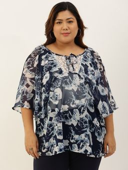 theRebelinme - Plus Size Womens Navy Rose Floral Print Party Wear Top