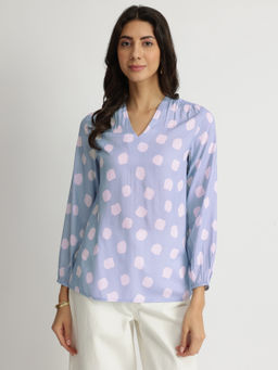 Pink Fort - Rayon Polka Dots Relaxed Top - Blue