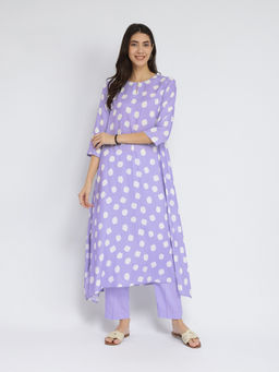 Pink Fort - Lavender Rayon Polka Asymmetrical Kurta with Pant (Set of 2)