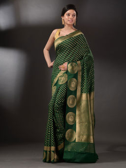 Arhi - Bottol Green Brocade Silk With Traditional Motif with Unstitched Blouse (Set of 2)