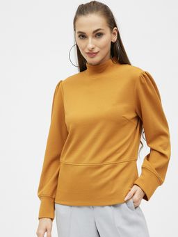 Kibo - Women Mustard High Neck Cuffed Sleeve Top