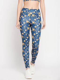 Clovia - Navy Blue Side Pocket High Rise Floral Print Active Tights