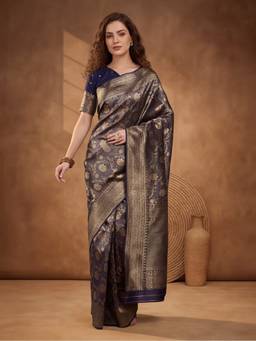 Jaipur Kurti - Captivating Navy Blue Woven Banarasi Silk Saree
