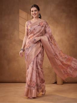 Jaipur Kurti - Peach Tusser Silk Sophisticated Digital Prints Saree
