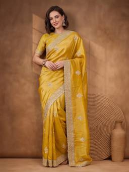 Jaipur Kurti - Yellow Gold Crush Intricate Embroidered Saree